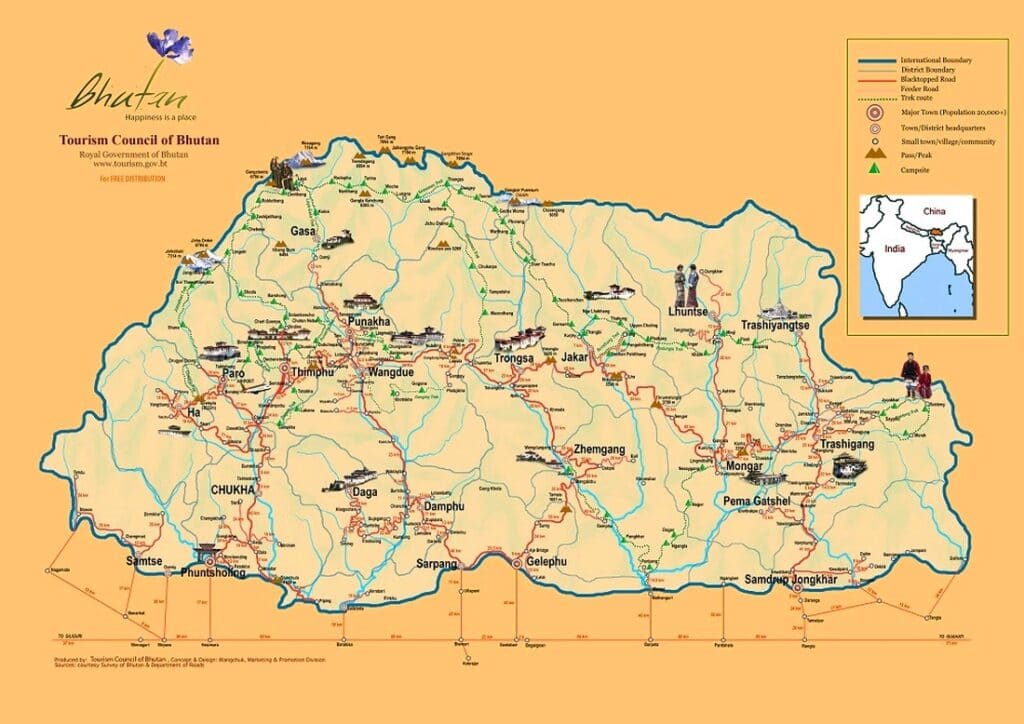 Landkarte von Bhutan mit Ortsnamen