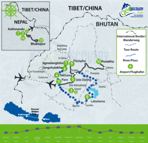 Routenkarte Druk Path Trekking in Bhutan